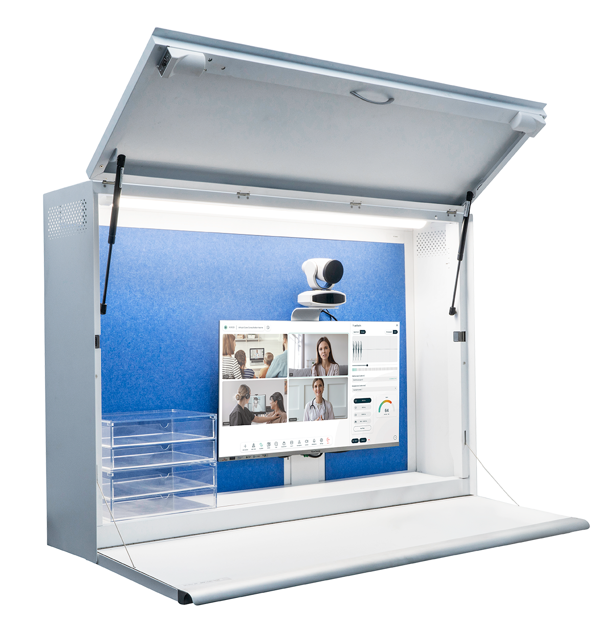 Virtual Care Cabinet with all-in-one computer and pan-tilt-zoom camera with the Vision platform all from Visionflex