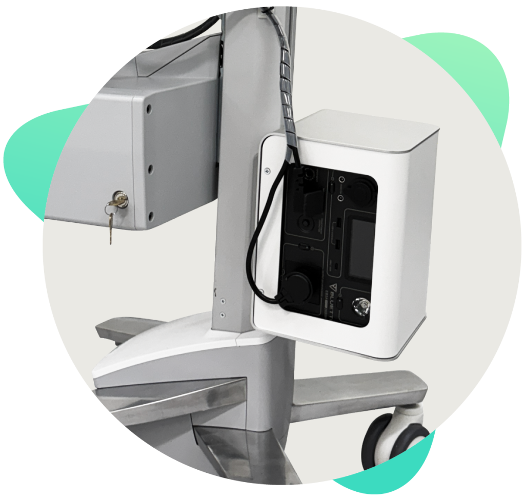 Photo of a Visionflex Telehealth Cart with the new battery attached to the base