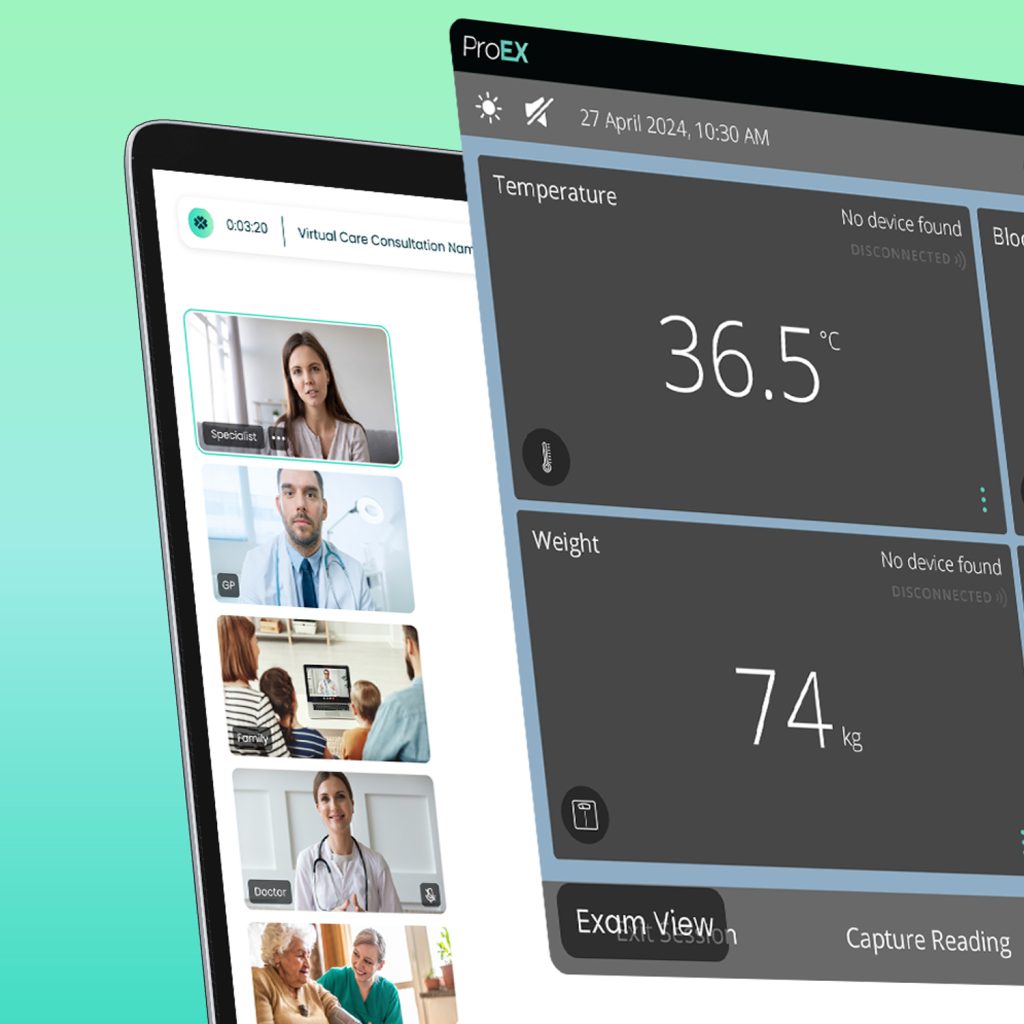 The Exam View function of the Vision Platform by Visionflex shown within a virtual care call with doctors and family involved