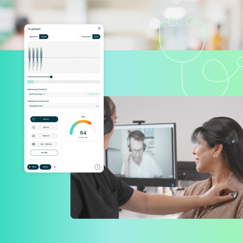 A stylised visualisation of the TrueSteth digital stethoscope functionality of the Vision platform by Visionflex