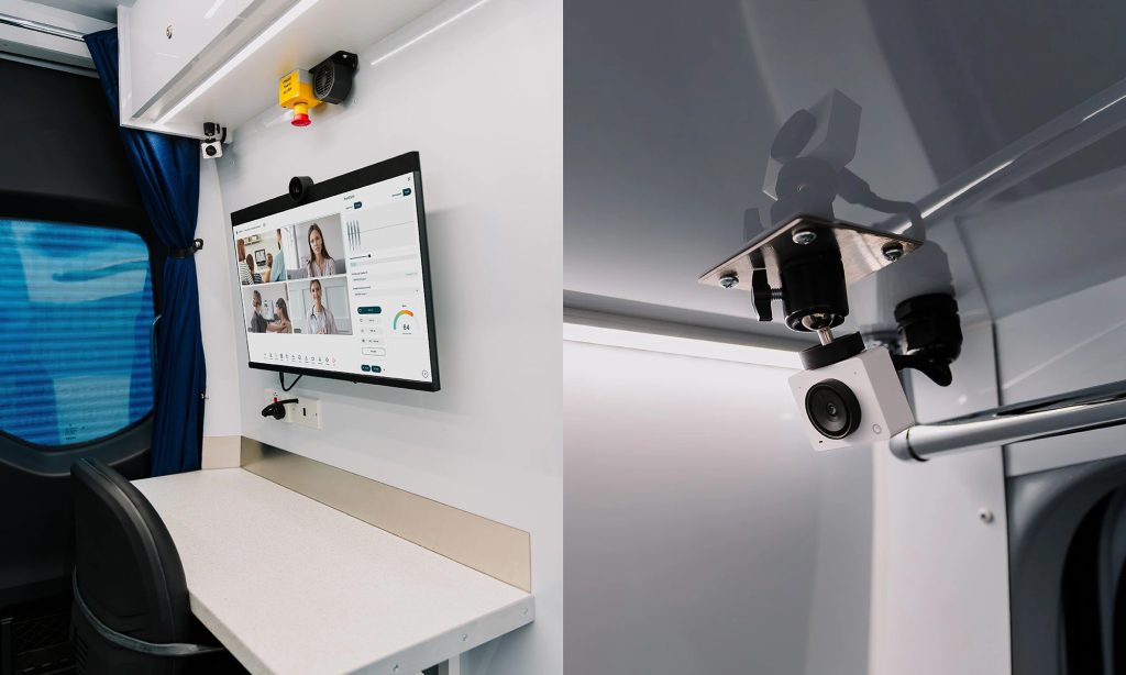 Image of the inside of a mobile clinic with the Visionflex platform on a screen next to an image of a pan-tilt-zoom camera mounted to the ceiling