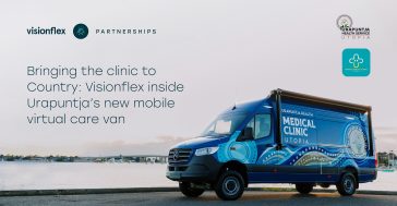 Title: Bringing the clinic to Country: Visionflex inside Urapuntja's new mobile virtual care van. Image of the van on the waterside at dusk