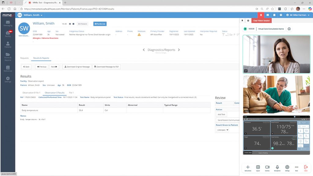 A screenshot of the Visionflex integration within the MMEx patient management system