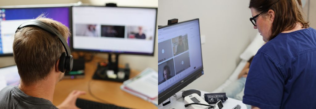 Collage of images showing healthcare professionals using virtual care technology to treat a n urgent care patient remotely