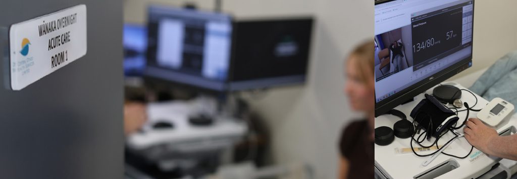 Collage of images showing healthcare professionals using a virtual care cart to treat an urgent care patient remotely