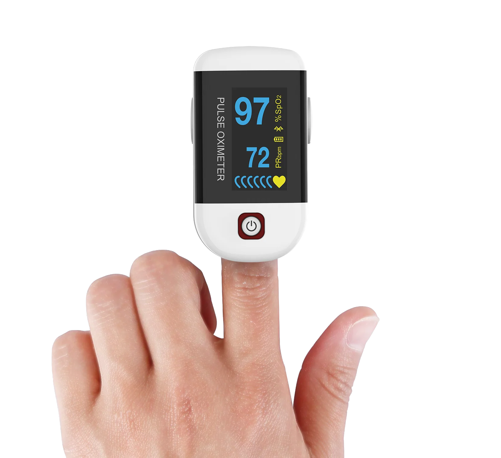 visionflex pulse oximeter on a finger with readings on the screen