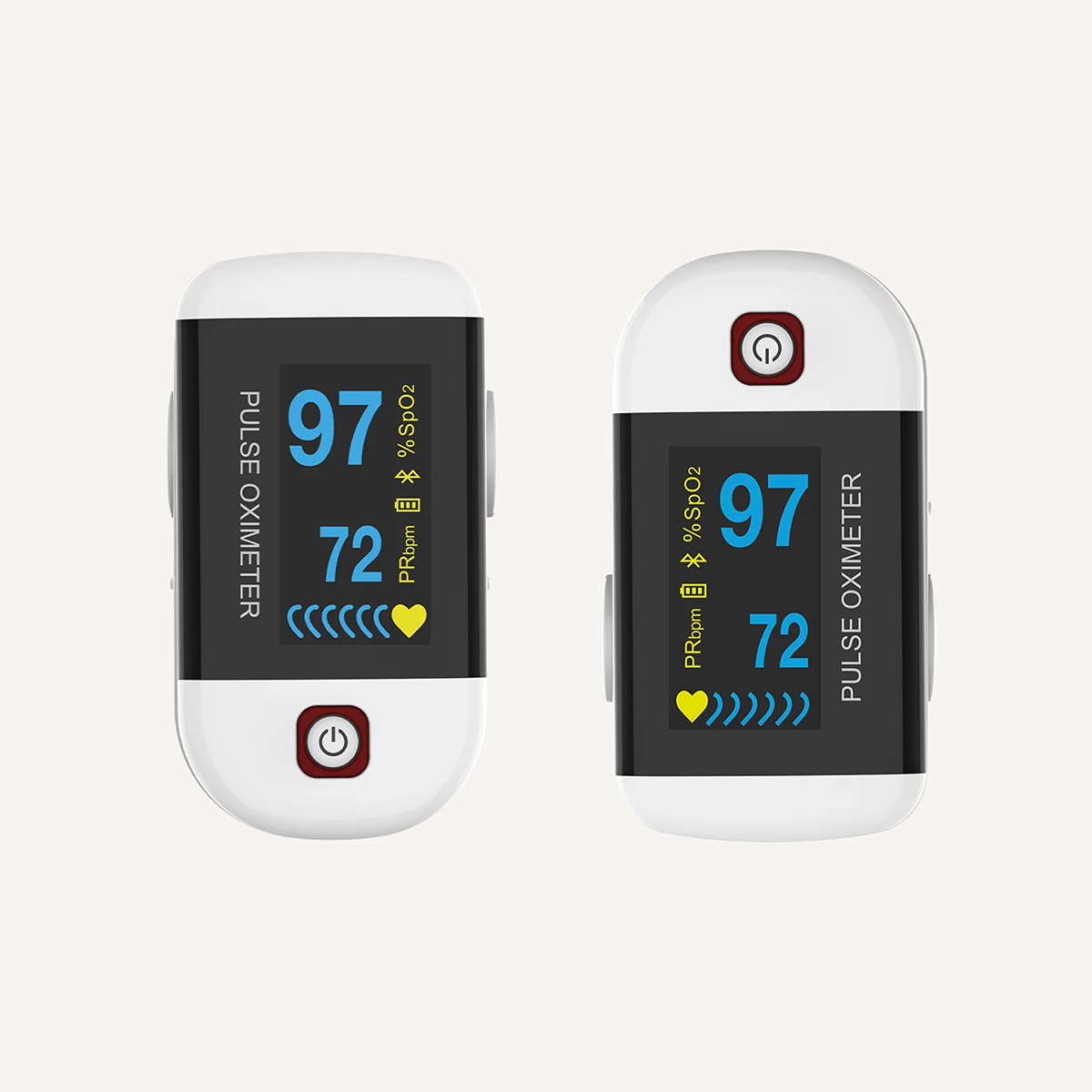 two pulse oximeters with their screens facing different directions